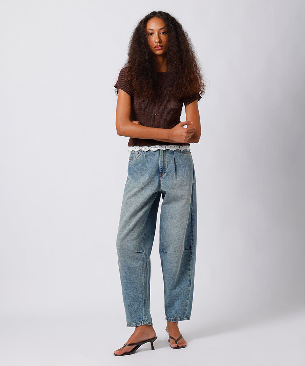 calça barrel feminina jeans dirty com pences mindset azul