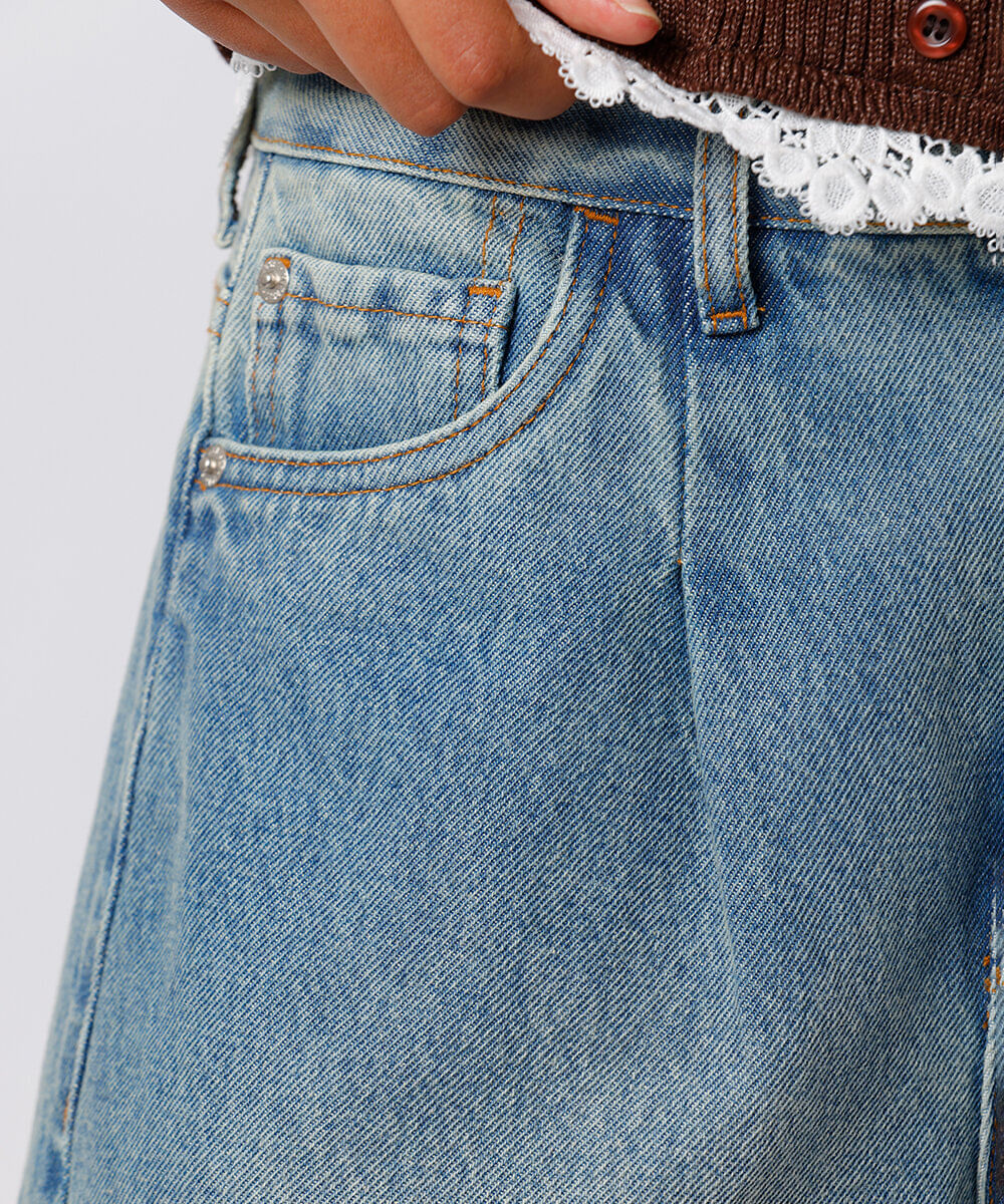 calça barrel feminina jeans dirty com pences mindset azul