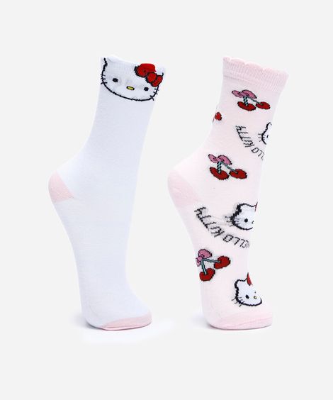 kit de 2 meias infantis cano alto hello kitty colorido
