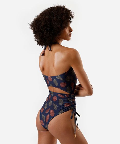 maiô frente única feminino com recorte e franzidos estampado azul
