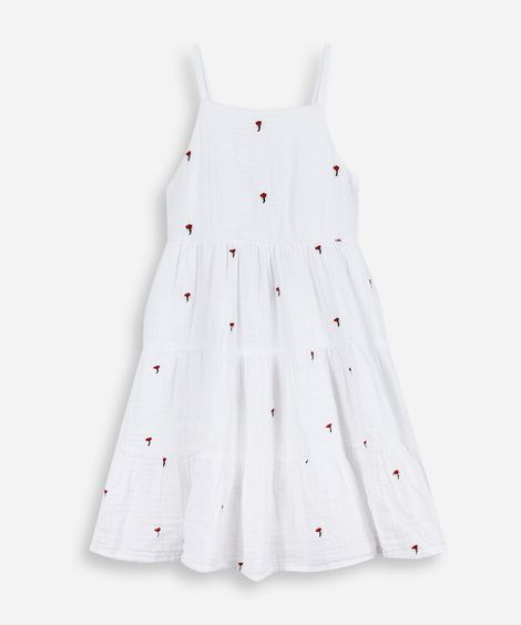 vestido infantil evasê com bordados e marias off white