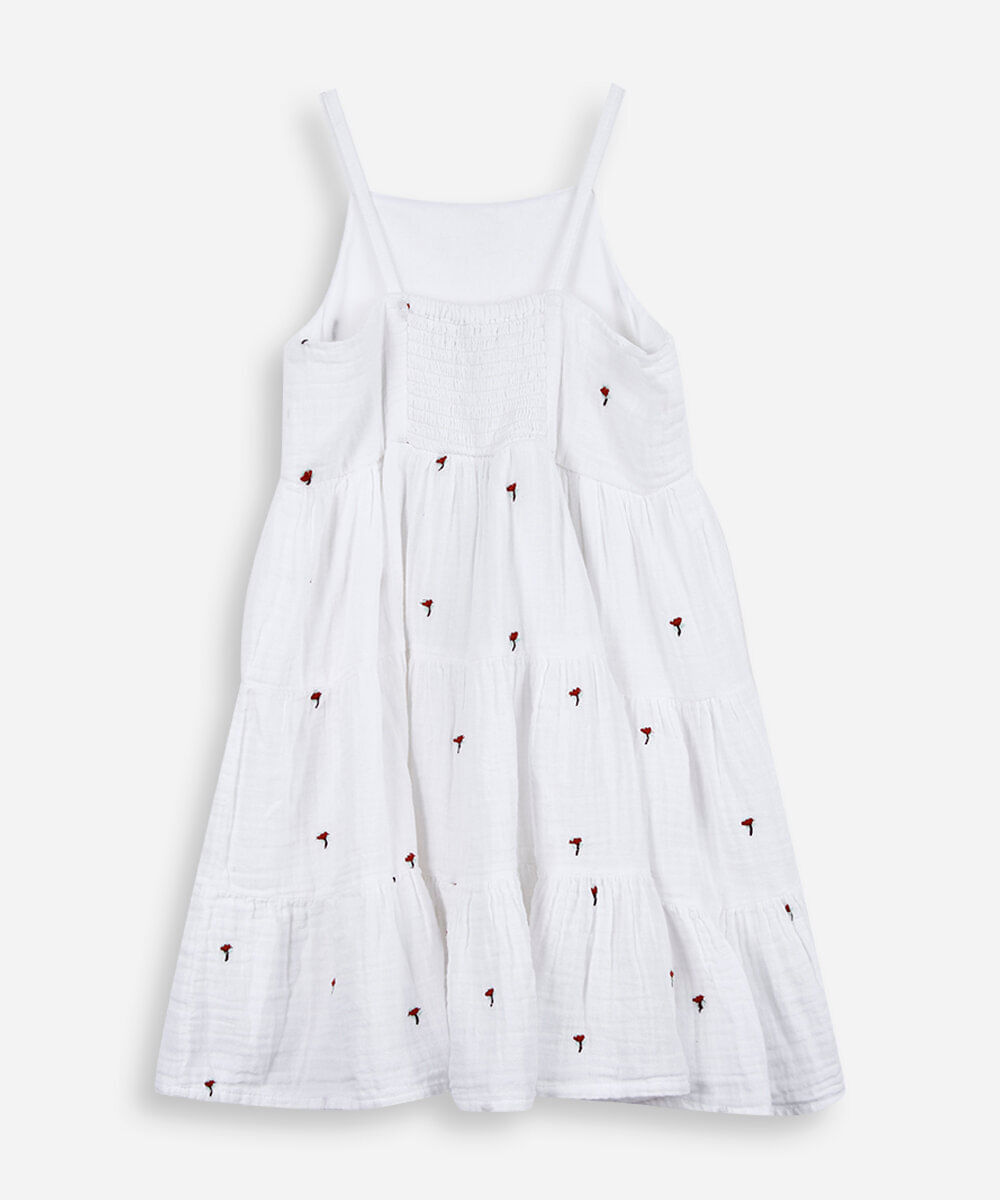 vestido infantil evasê com bordados e marias off white