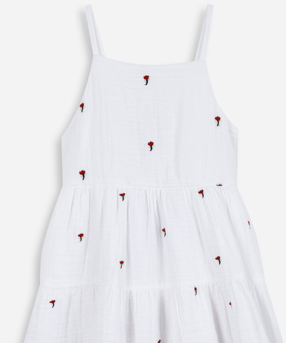 vestido infantil evasê com bordados e marias off white
