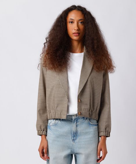 jaqueta cropped feminina com ombreiras xadrez mindset colorida