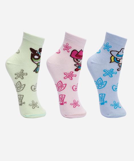 kit de 3 meias cano médio meninas super poderosas country colorido