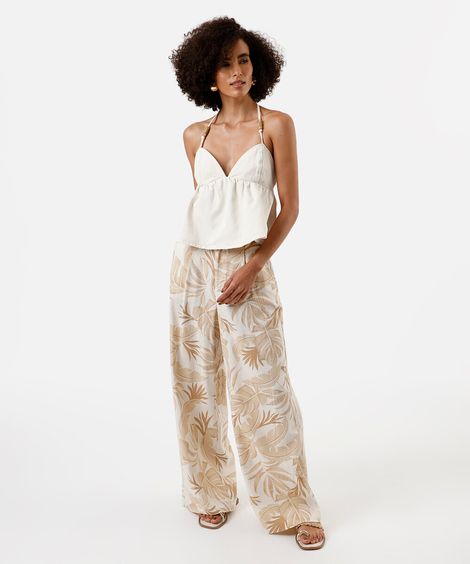 calça wide leg feminina com linho folhagens bege