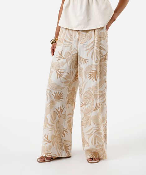 calça wide leg feminina com linho folhagens bege