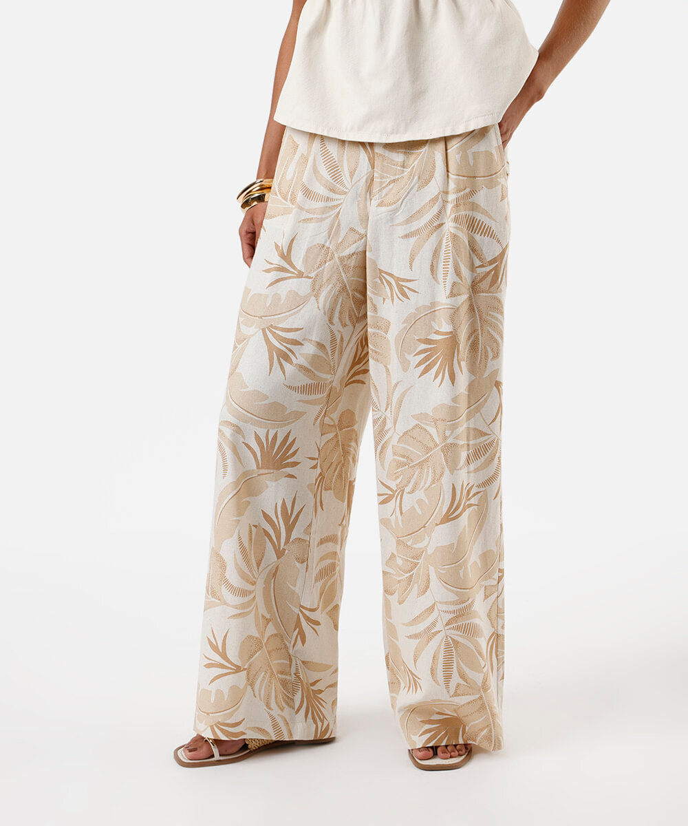 calça wide leg feminina com linho folhagens bege