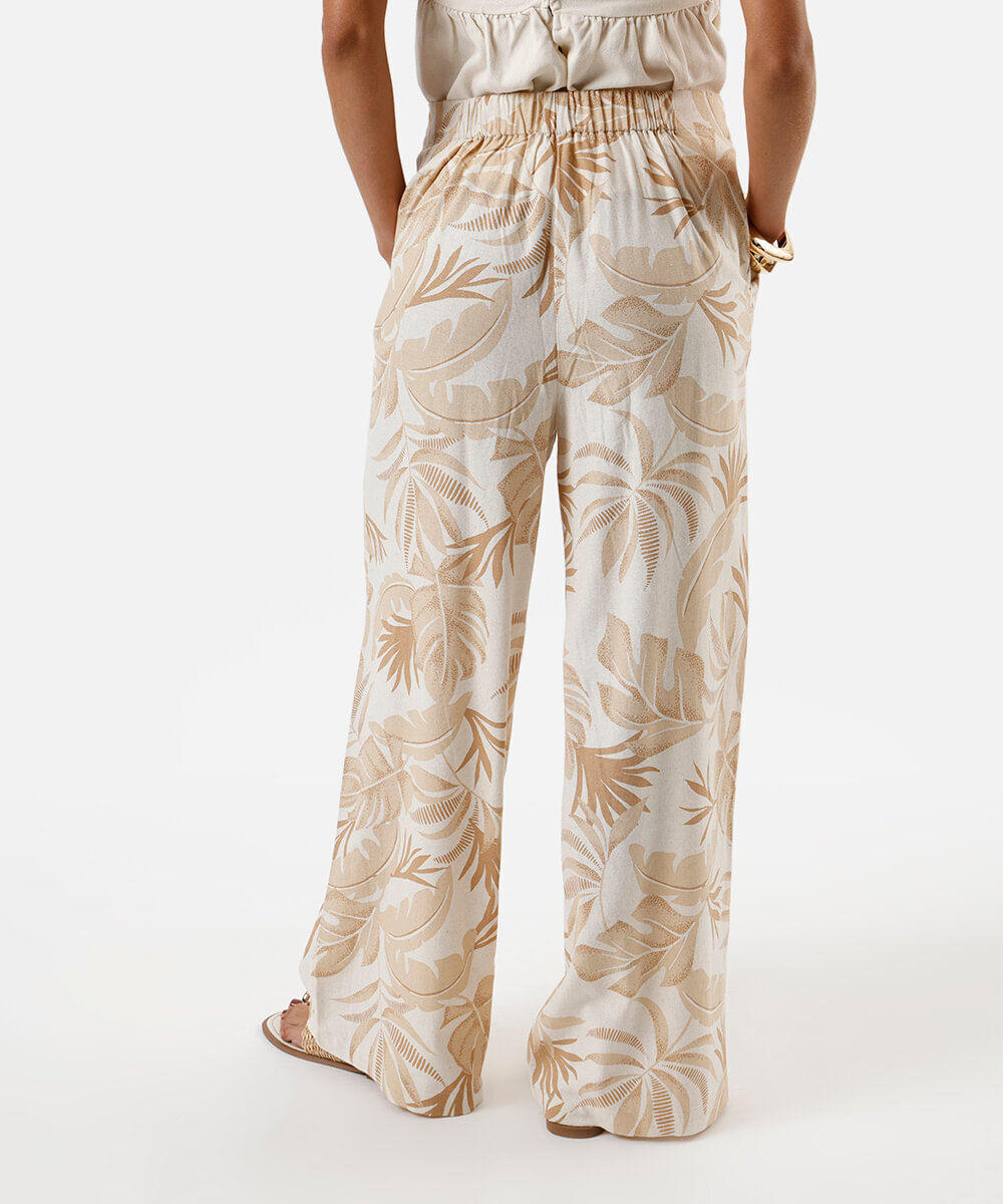 calça wide leg feminina com linho folhagens bege