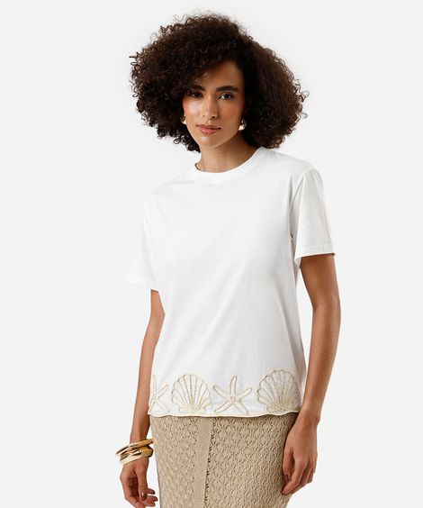camiseta feminina de algodão bordada off white