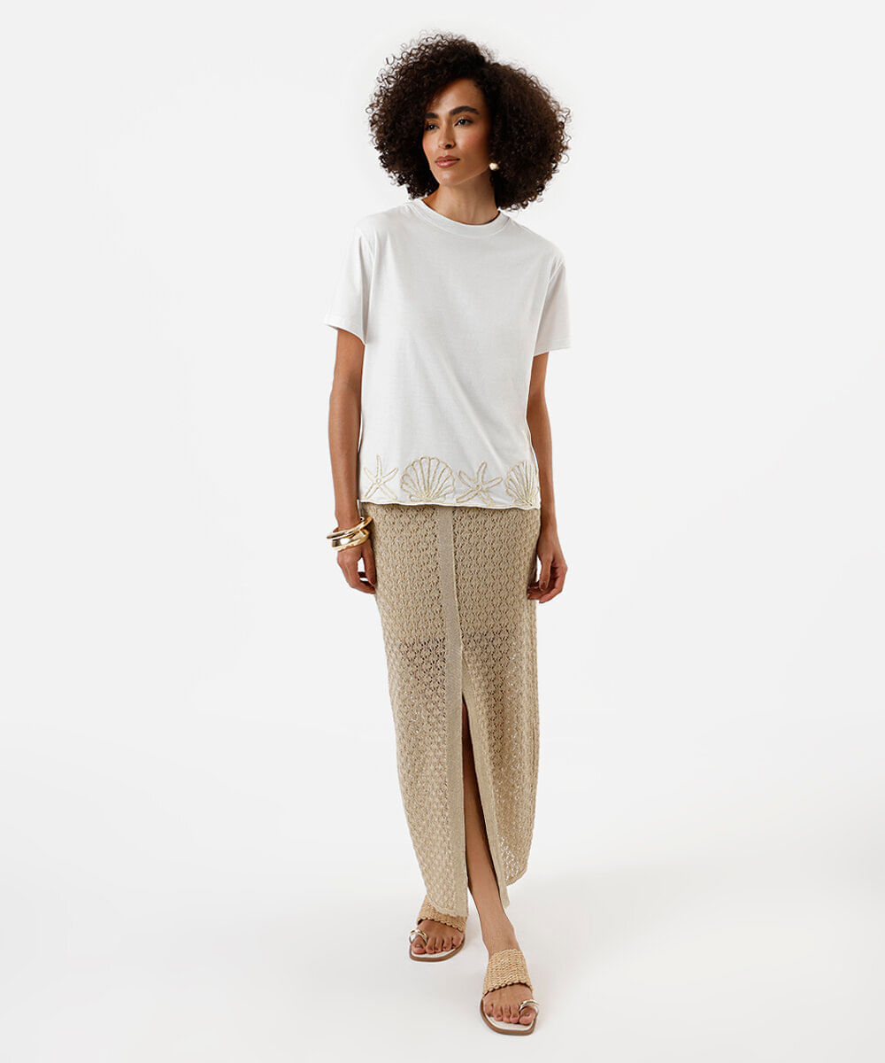 camiseta feminina de algodão bordada off white