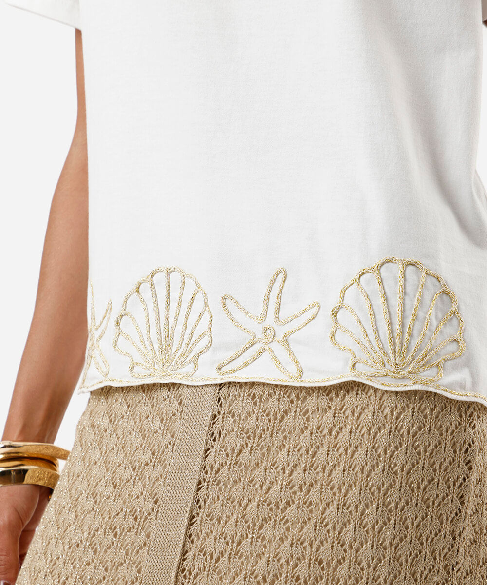 camiseta feminina de algodão bordada off white