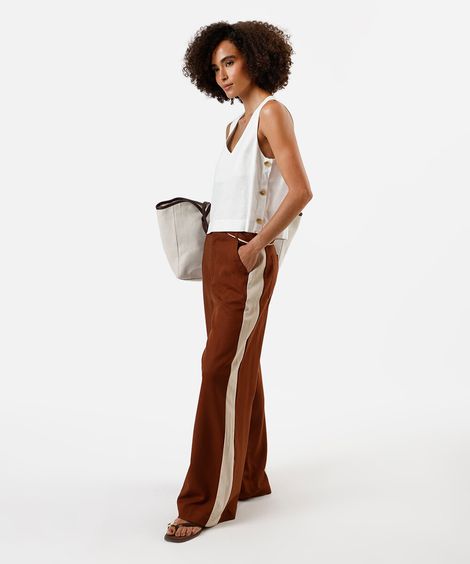 calça pantalona com linho e faixa marrom