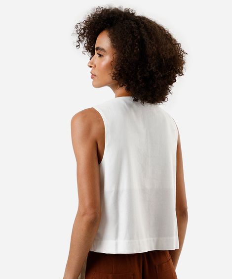 regata feminina com linho decote v off white
