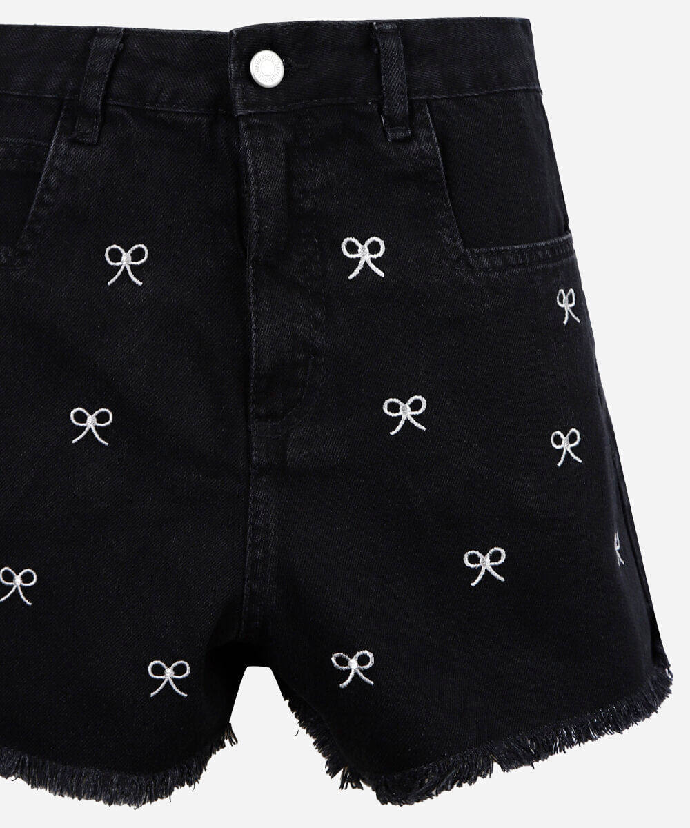 short juvenil infantil com laços bordados preto