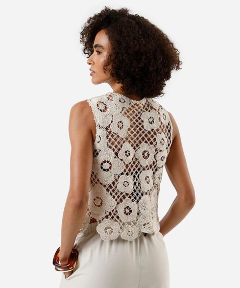 regata feminina de crochet floral bege