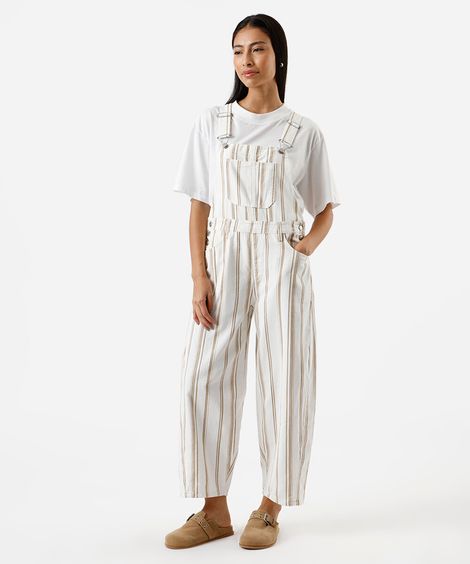 jardineira balloon feminina de sarja listrada off white