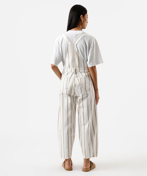 jardineira balloon feminina de sarja listrada off white