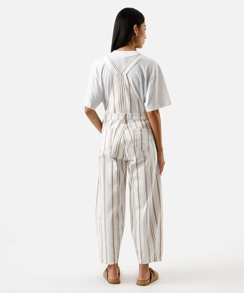 jardineira balloon feminina de sarja listrada off white