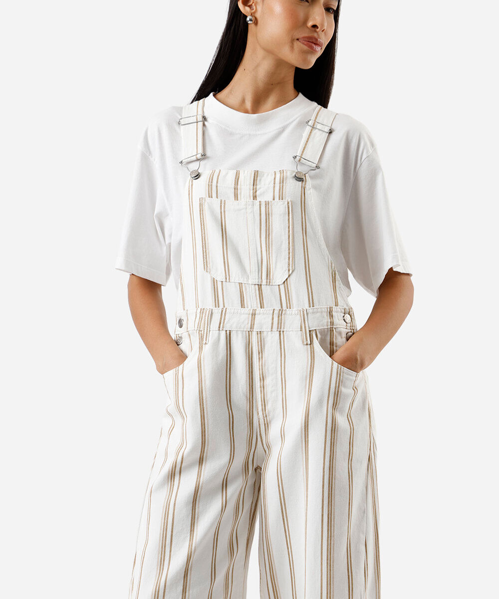 jardineira balloon feminina de sarja listrada off white