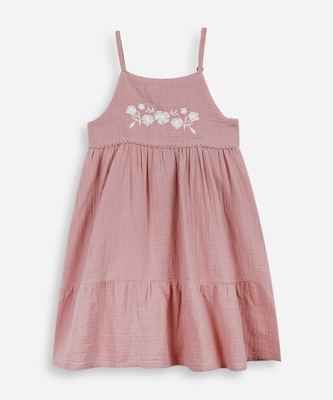 vestido infantil evasê com bordados e alças finas rosa
