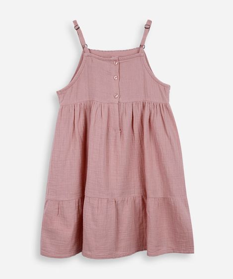 vestido infantil evasê com bordados e alças finas rosa