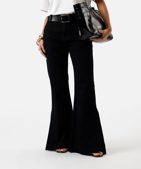 calça flare feminina jeans com fendas preta