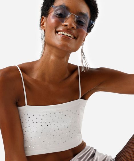 top faixa feminino com strass e alças removíveis off white