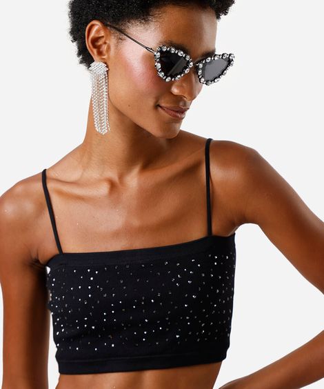 top faixa feminino com strass e alças removíveis preto