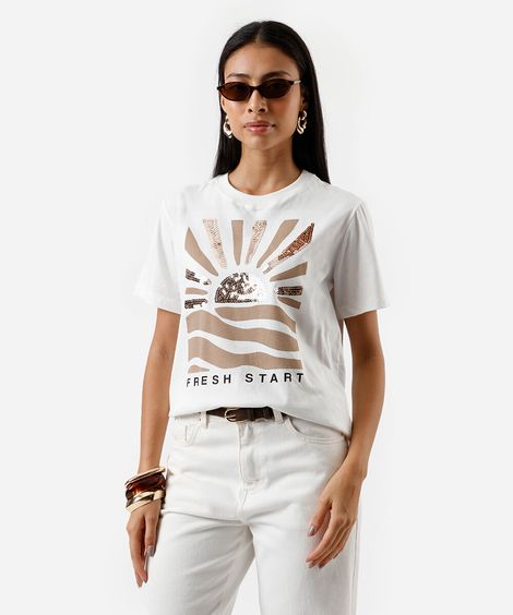 camiseta feminina de algodão bordado paetê off white