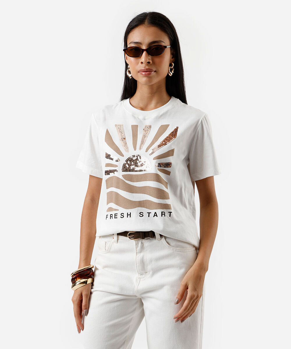 camiseta feminina de algodão bordado paetê off white