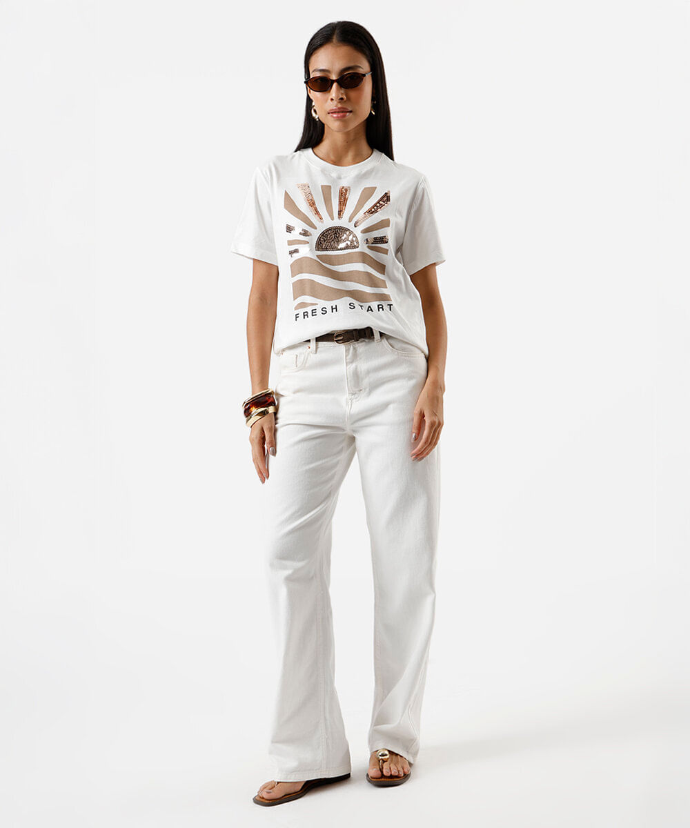 camiseta feminina de algodão bordado paetê off white