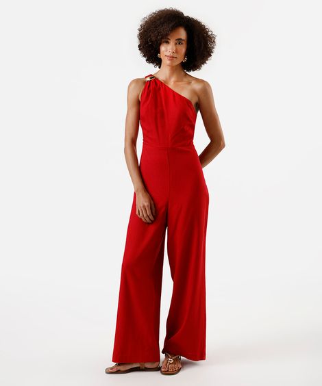 macacão ombro único feminino com linho vermelho