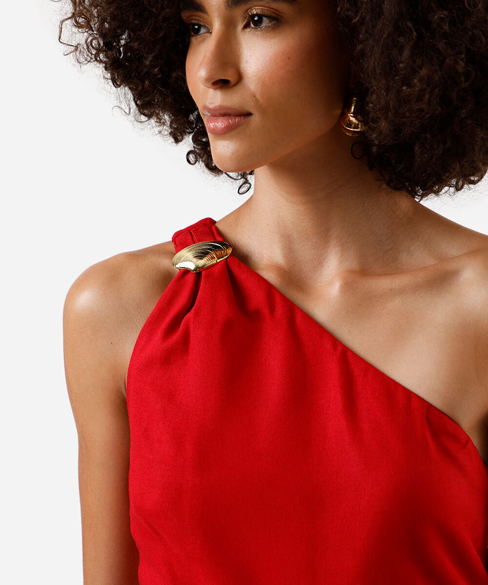macacão ombro único feminino com linho vermelho