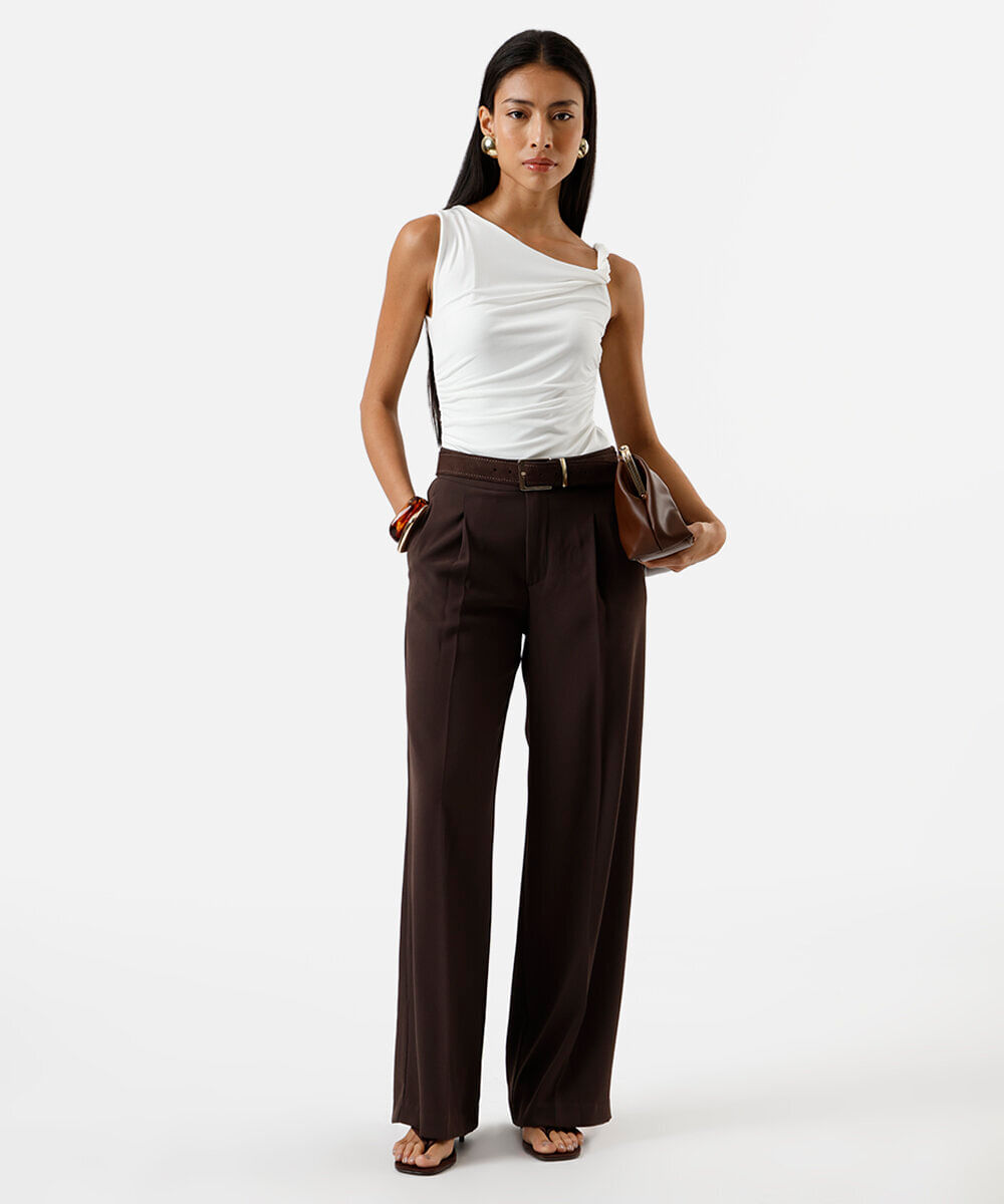 calça wide leg feminina de alfaiataria marrom