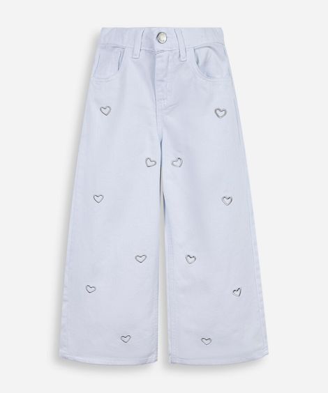 calça wide leg infantil com corações bordados branco