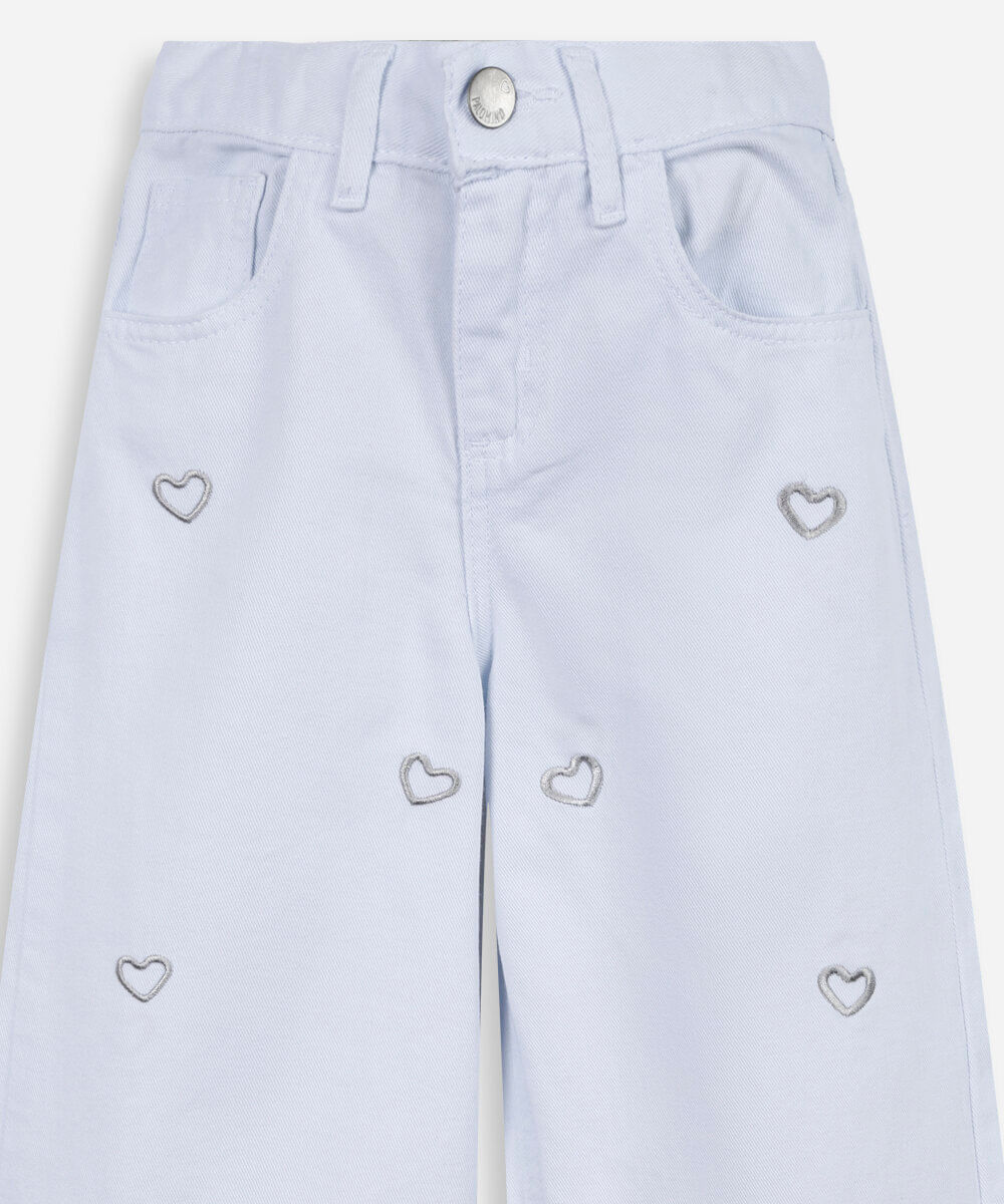 calça wide leg infantil com corações bordados branco