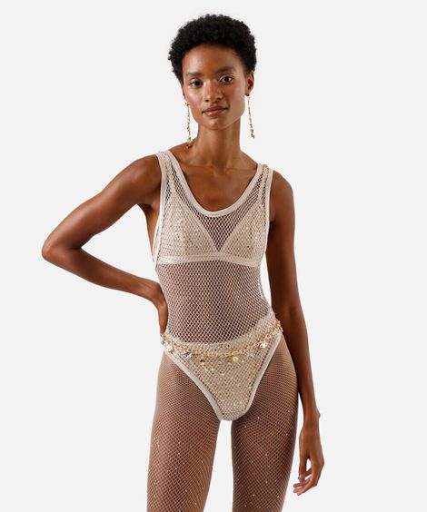 body de tela com brilhos bege