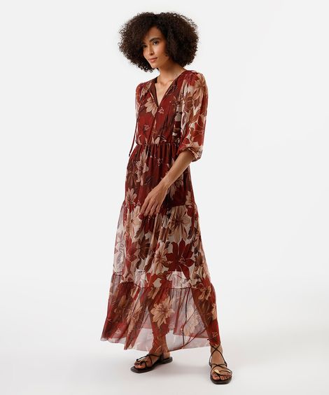 vestido longo feminino de tule com recortes floral colorido