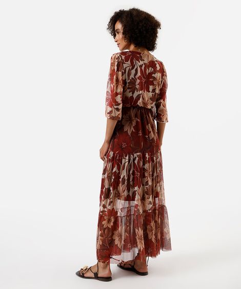 vestido longo feminino de tule com recortes floral colorido