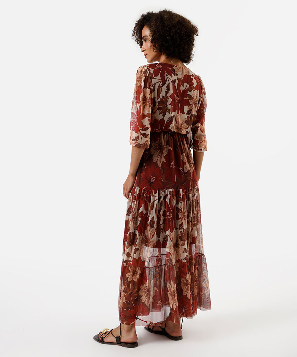 vestido longo feminino de tule com recortes floral colorido