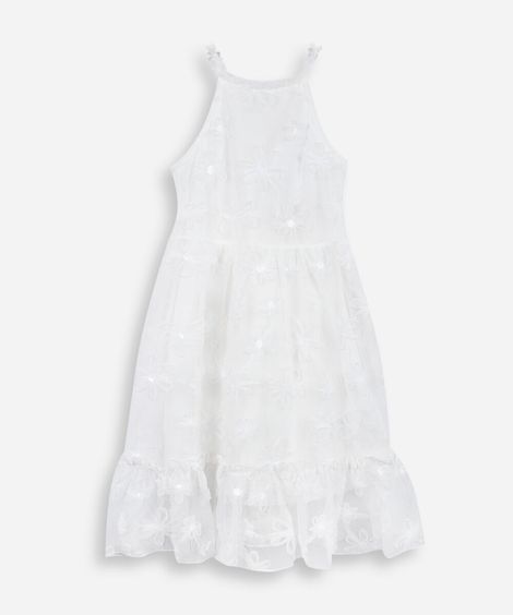 vestido infantil de tule com estampa floral off white