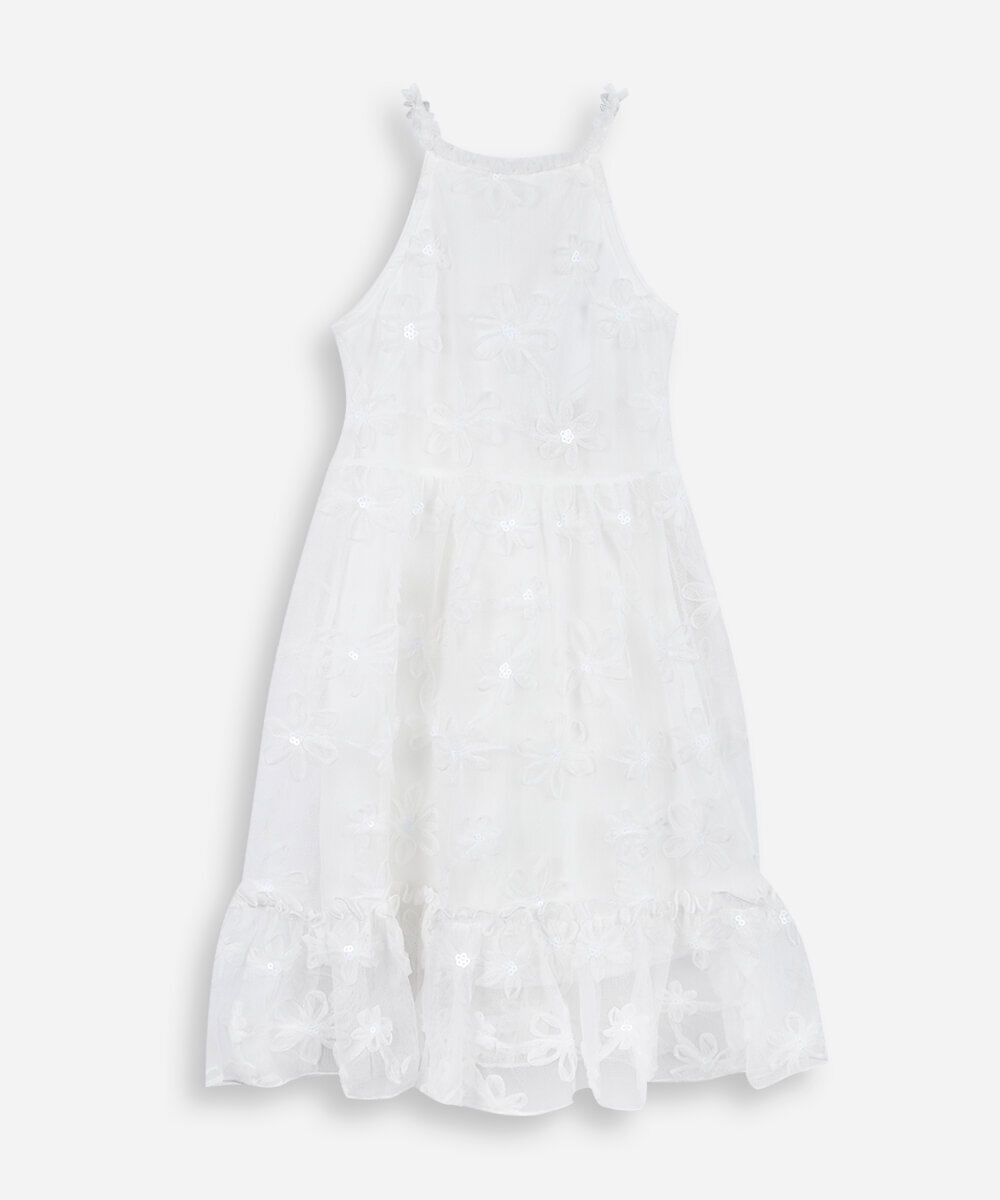 vestido infantil de tule com estampa floral off white
