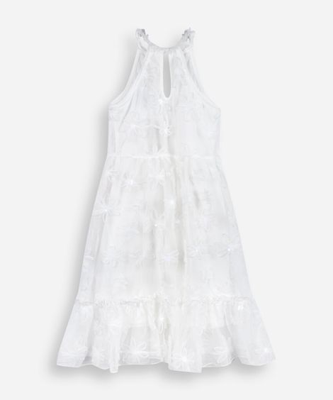 vestido infantil de tule com estampa floral off white