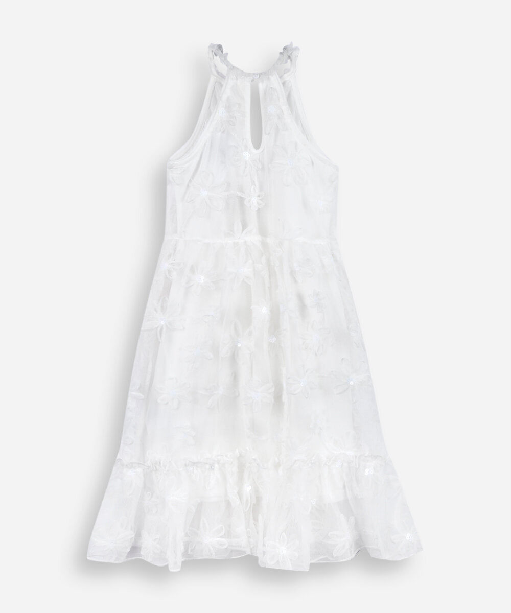 vestido infantil de tule com estampa floral off white