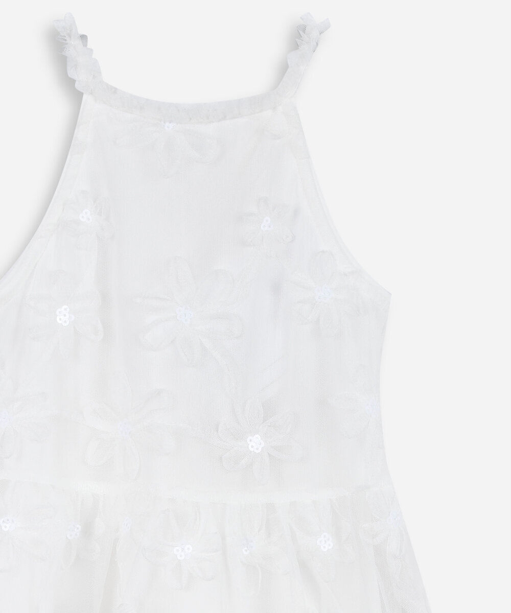 vestido infantil de tule com estampa floral off white