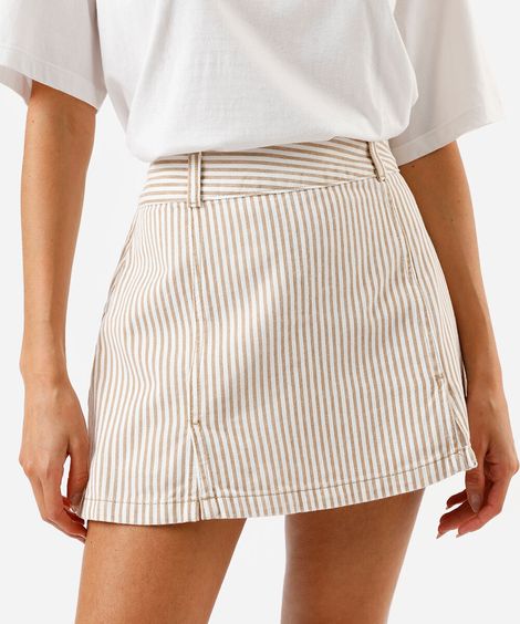 short saia feminino de sarja listrado com fendas bege