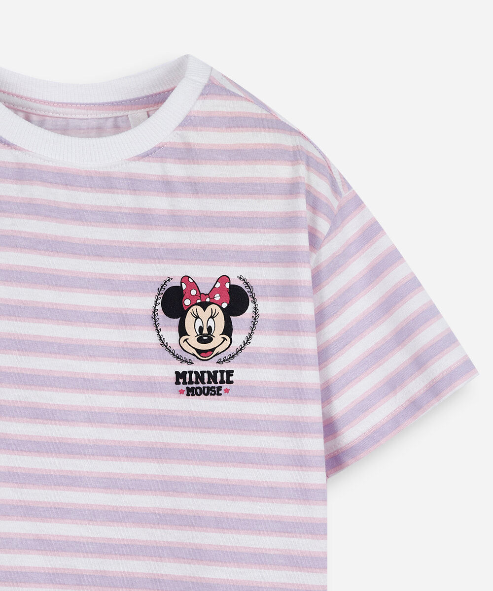 camiseta infantil de algodão listrada minnie colorido