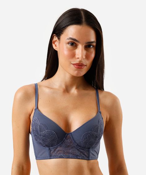 sutiã cropped com bojo e renda azul