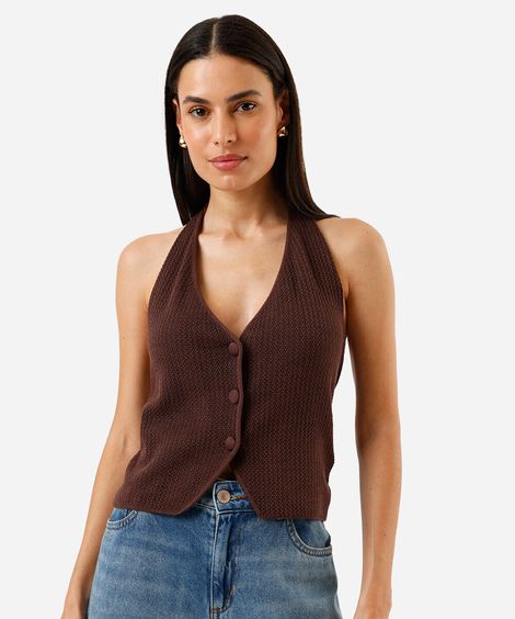 colete feminino de tricot frente única decote v marrom